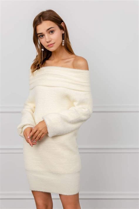 Jing Womens Knitwear White Off The Shoulder Knit Dress Knit Dress Dresses Mini Sweater Dress