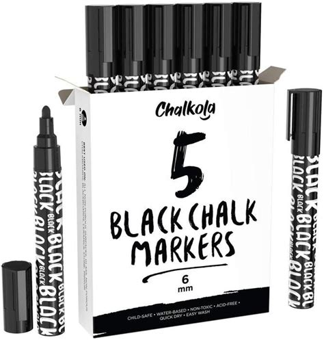 Black Chalk Markers 6mm Reversible Tip Pack Of 5 Pens White Chalk