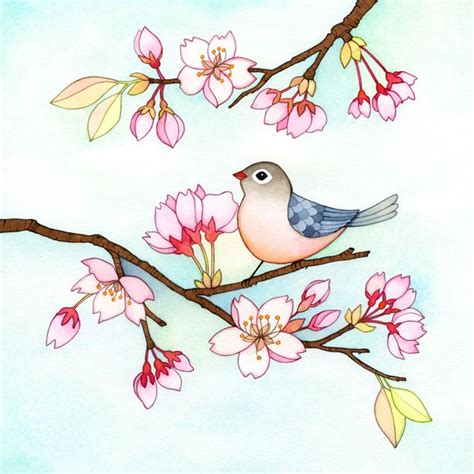 Cherry Blossoms Bird Art Birds Painting Art