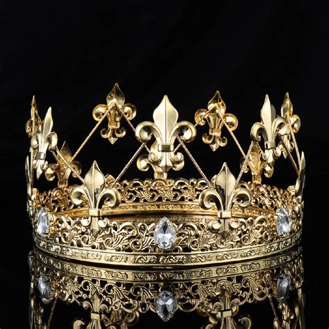Men Tiara King Crown Imperial Medieval Fleur De Lis Rhinestone Crystal