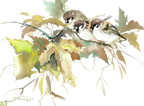 Sparrows And Fall Tree Painting By Suren Nersisyan Fine Art America