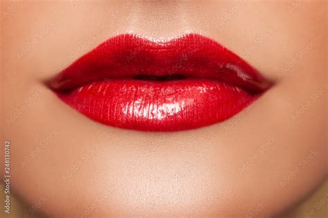 Lips Chin Woman Close Up Beauty Sexy Red Lips Lip Makeup Glossy Red Lipstick And White Teeth