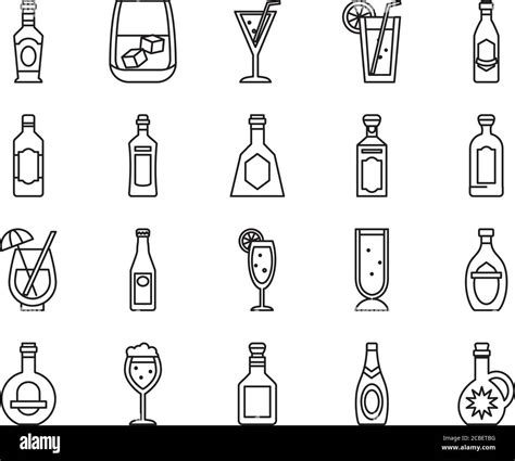 Cocktails And Liquor Bottles Icon Set Over White Background Line Style Vector Illustration