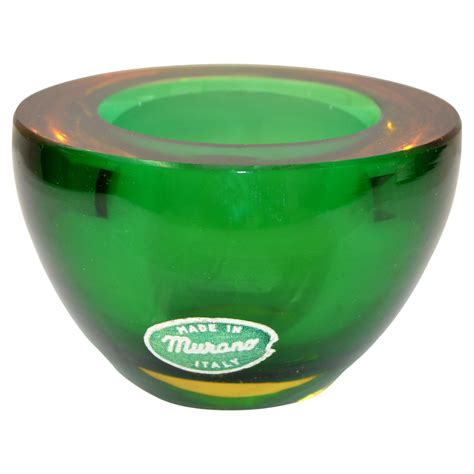 Marked Murano Art Glass Round Amber And Green Blown Glass Catchall Bowl Italy 1960 For Sale At
