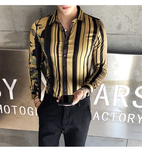 Luxury Gold Black Striped Shirt Men 2019 New Slim Fit Long Sleeve