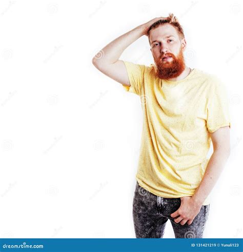 Young Handsome Hipster Ginger Bearded Guy Looking Brutal Isolate Stock