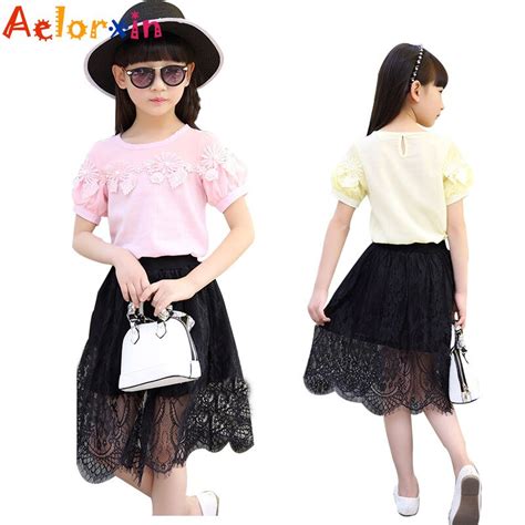 2017 Children Clothing Sets For Girls Lace T Shirts And Long Skirts 2pcs