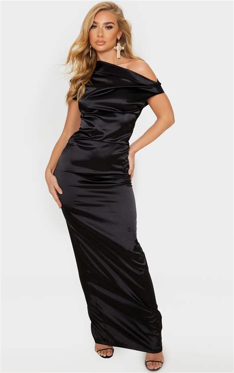 Black Off Shoulder Pleat Detail Satin Maxi Dress Prettylittlething Usa