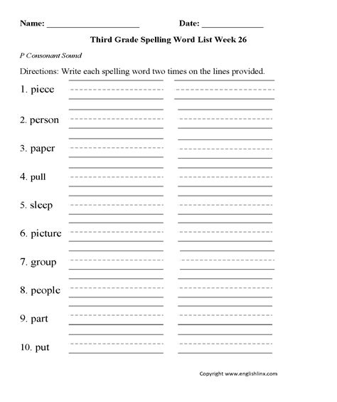 Five words are selected that promote sound recognition, spelling patterns and chunks. Spelling Worksheets | Third Grade Spelling Words Worksheets