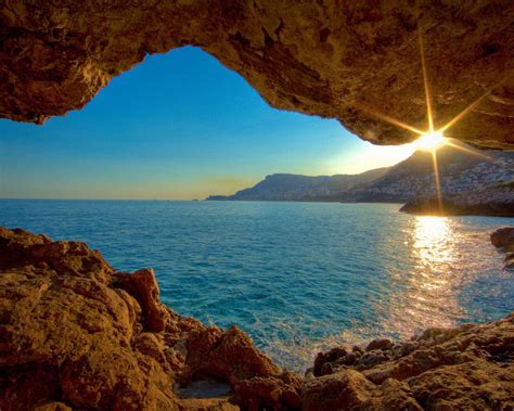 Sunset Sea Cave Nature Landscape Wallpaper Preview