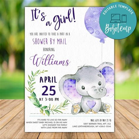 Printable Girl Baby Elephant Shower By Mail Invitation Template