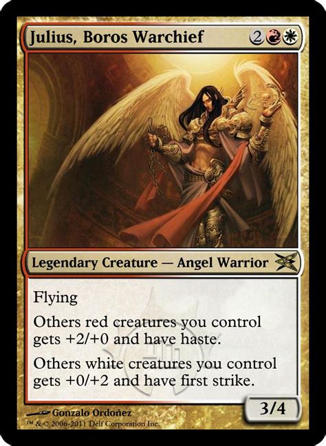Clever lumimancer (+2/+2 to itself) and leonin lightscribe (+1/+1 to all your creatures) will get big really fast. Julius Boros Warchief by flamedelf on DeviantArt