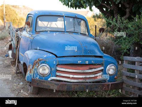 Very Old Blue Pickup Truck Used In Crete Greece By Farmer In Xirosterni