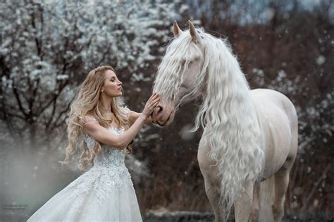 Women Horse Model Fantasy Girl Animals Mammals Blonde Dress Long Hair