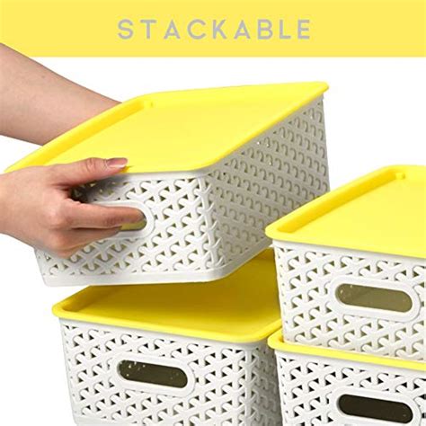 Ezoware Pack Of 4 Small Plastic Storage Bin With Lid Stackable Knit
