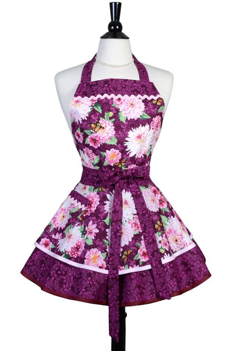 womens ruffled retro berry pink floral sexy pinup kitchen apron with monogram option apron