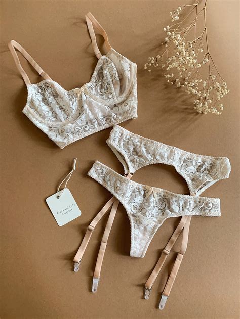 white lace lingerie with garter belt nude lingerie set etsy