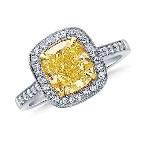 Fancy Intense Yellow Canary Cushion Cut Diamond Pavé Halo Ring In 18k White Gold