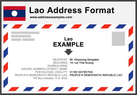 An address is a collection of information, presented in a mostly fixed format, used to give the location of a building, apartment, or other structure or a plot of land, generally using political boundaries and street names as references, along with other identifiers such as house or apartment numbers and organization name. Lao Address Format - AddressExamples.com