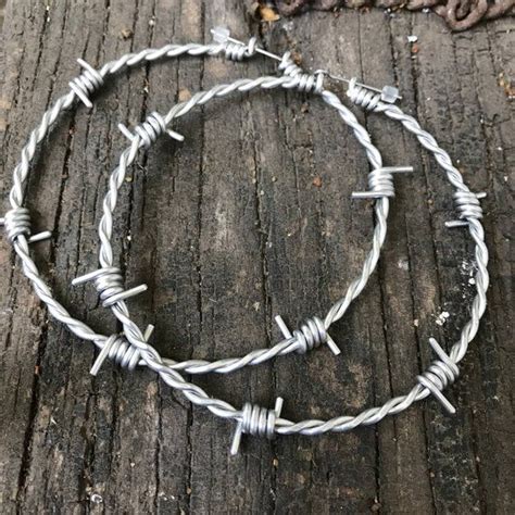 Large Super Lightweight 3 Inch Barbed Wire Hoop Earrings Silver Tone