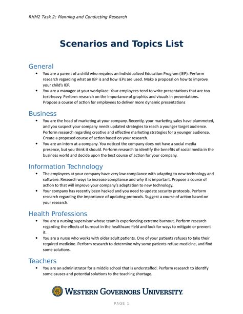 Task 2 Scenarios And Topics List Rhm2 Task 2 Planning And Conducting