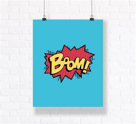 A Blue Poster With The Word Boom On It In Yellow And Red Against A
