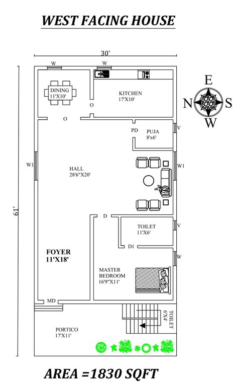 Autocad Drawing File Shows30x61 Single Bhk West Facing House Plan As