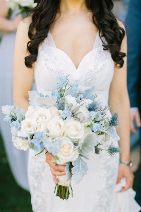 Pale Blue Delphinium Thistle And Dusty Miller Bouquet Blue Wedding