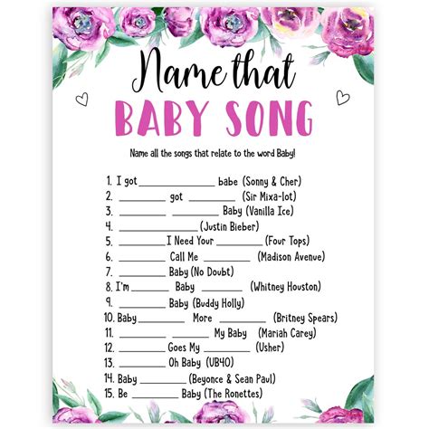 Baby shower name game printable. Name That Baby Song - Purple Peonies Printable Baby Shower ...