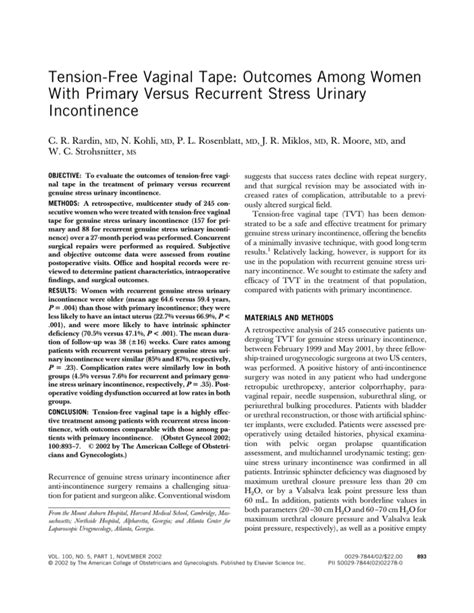 Tension Free Vaginal Tape Outcomes Among Women With Primary