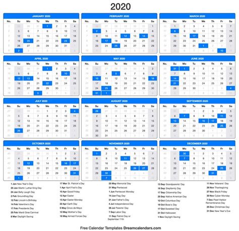 A Blue And White Calendar For The Year 2020