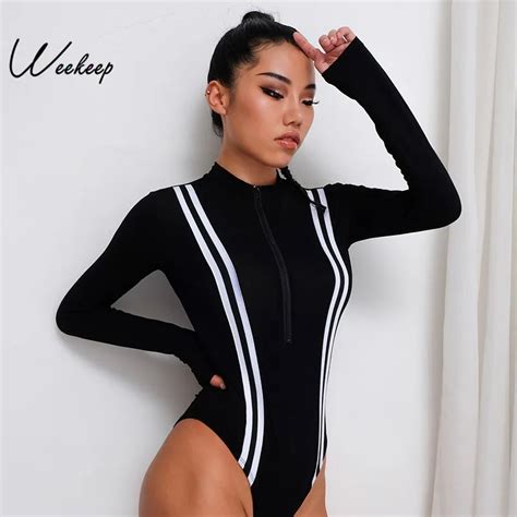 Aliexpress Com Buy Weekeep Women Sexy Black Stripped Bodycon Bodysuit
