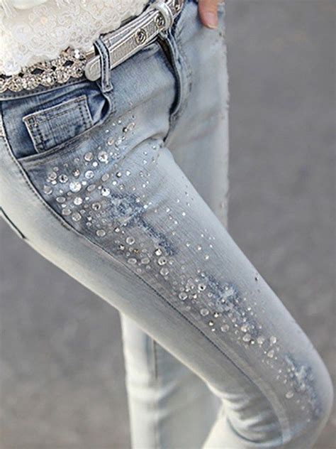 Light Blue Pockets Buttons Rhinestone Bedazzled Long Jeans Bling