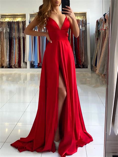 A Line V Neck Red Long Backless Prom Dresses Red Long Backless Formal