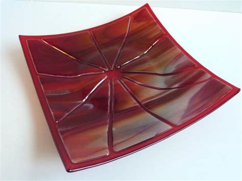 Fused Glass Shatter Art Plate In Red And White Mapel Leaf Kiln Formed
