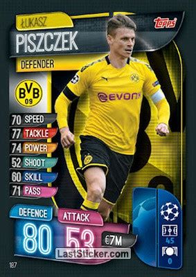 Lukasz piszczek ist in der defensive und offensive gleichermaßen stark: Card 187: Lukasz Piszczek - Topps UEFA Champions League 2019-2020. Match Attax. UK Edition ...