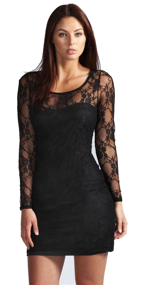 Charming Black Sheer Lace Overlay Long Sleeve Bodycon Mini Dress N