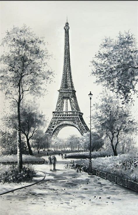 A Drawing Of The Eiffel Tower In Paris France With People Walking Around