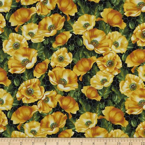 Henry Glass Bloomin Poppies Allover Poppies Gold Black Fabric By Yard
