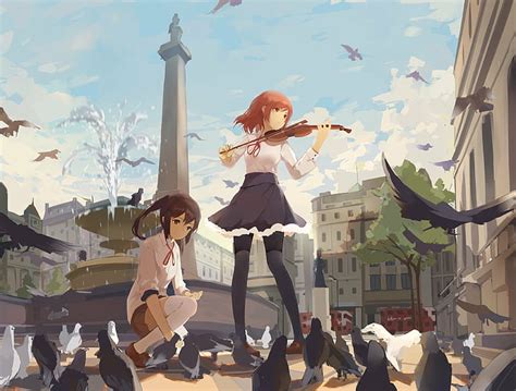 Anime Anime Girls Birds City Clouds Fountain Highs Love Live