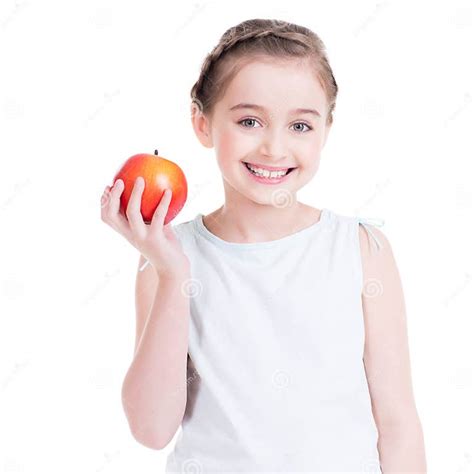 Portrait Of Cute Little Girl Holding An Apple Stock Image Image Of