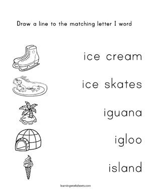 Draw a line to the matching letter I word  learning worksheets Letters