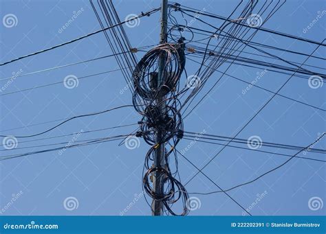 Tangled Messy Electrical Wires On Pole Posing A Safety Hazard Stock