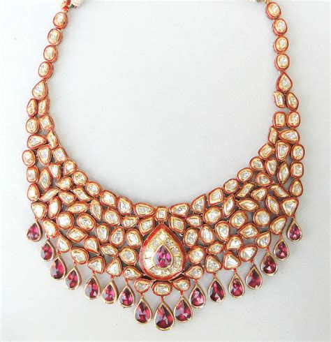 Vintage Antique 20k Gold Diamond Polki Kundan Enamel Work Necklace