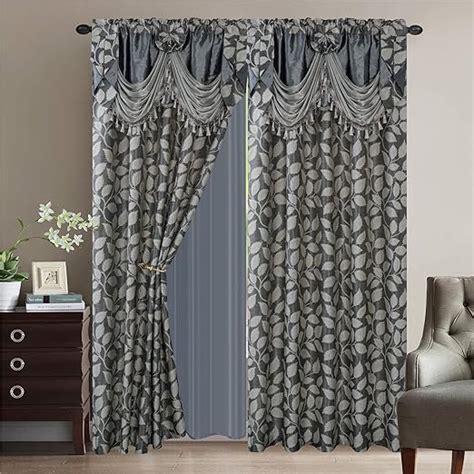 2 Curtain Panels Jacquard Leaves Silverlight Grey Charcoal