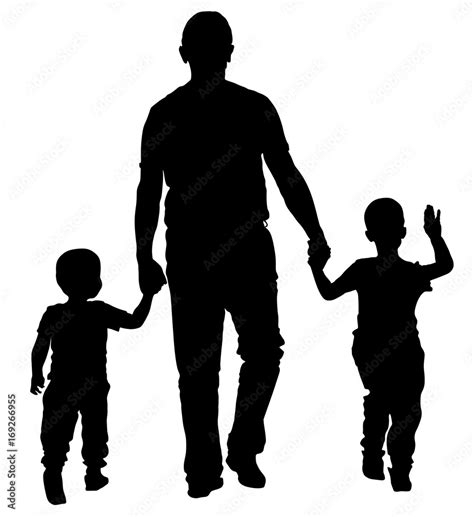 Father With Kids Vector Silhouette Illustration Isolated On White