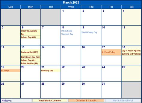 March 2023 Australia Calendar With Holidays For Printing Image Format