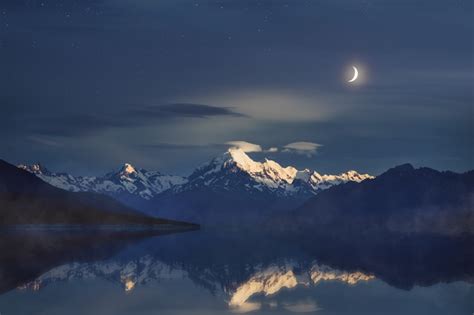 4k Water Reflection Moon Lake Peak Nightscape Landscape New