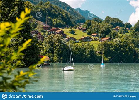View Of Brienz Lake With Clear Turquoise Water Sailing Boats Stock