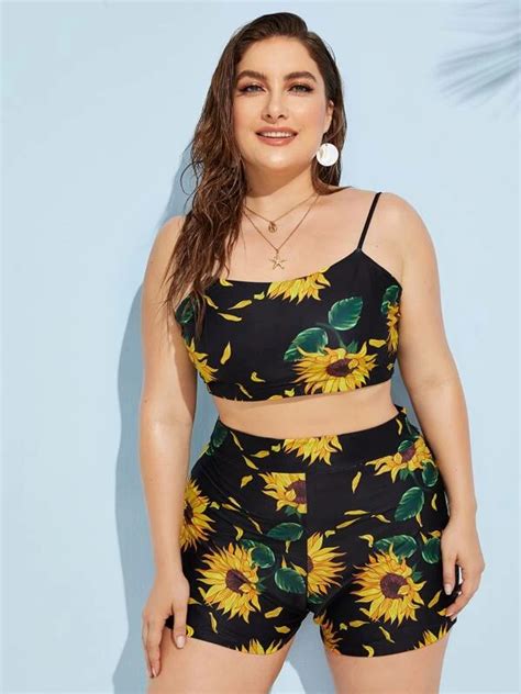 Plus Sunflower Print Cami Top With Short 2piece Swim Shein Usa Plus